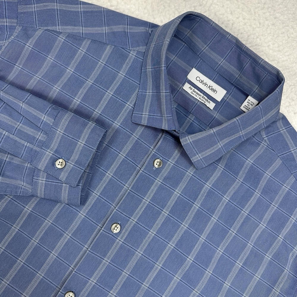Calvin Klein Dress Shirt Mens XL 17-17.5 Blue Grid Slim Fit All-Season Stretch